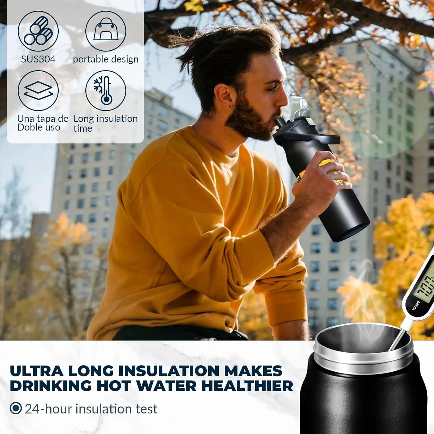 Insulated Water Bottle with Straw and Leakproof Lid, BPA Free Stainless Steel Wide Mouth Sports Water Bottle Cup with Portable Handle Double Wall Vacuum Keep Cold and Hot