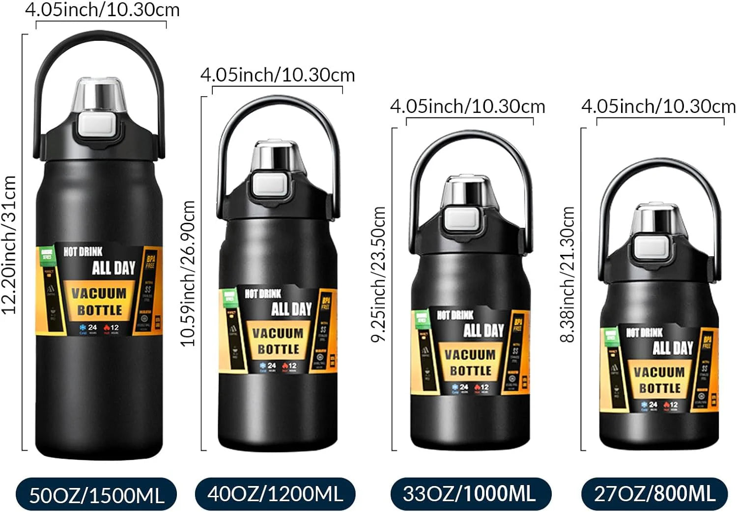 Insulated Water Bottle with Straw and Leakproof Lid, BPA Free Stainless Steel Wide Mouth Sports Water Bottle Cup with Portable Handle Double Wall Vacuum Keep Cold and Hot