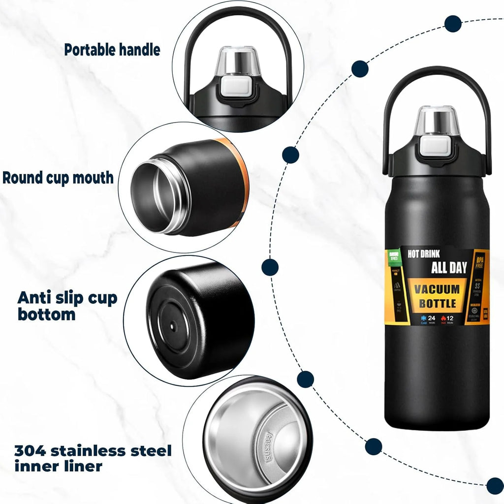 Insulated Water Bottle with Straw and Leakproof Lid, BPA Free Stainless Steel Wide Mouth Sports Water Bottle Cup with Portable Handle Double Wall Vacuum Keep Cold and Hot