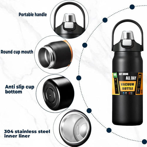 Insulated Water Bottle with Straw and Leakproof Lid, BPA Free Stainless Steel Wide Mouth Sports Water Bottle Cup with Portable Handle Double Wall Vacuum Keep Cold and Hot